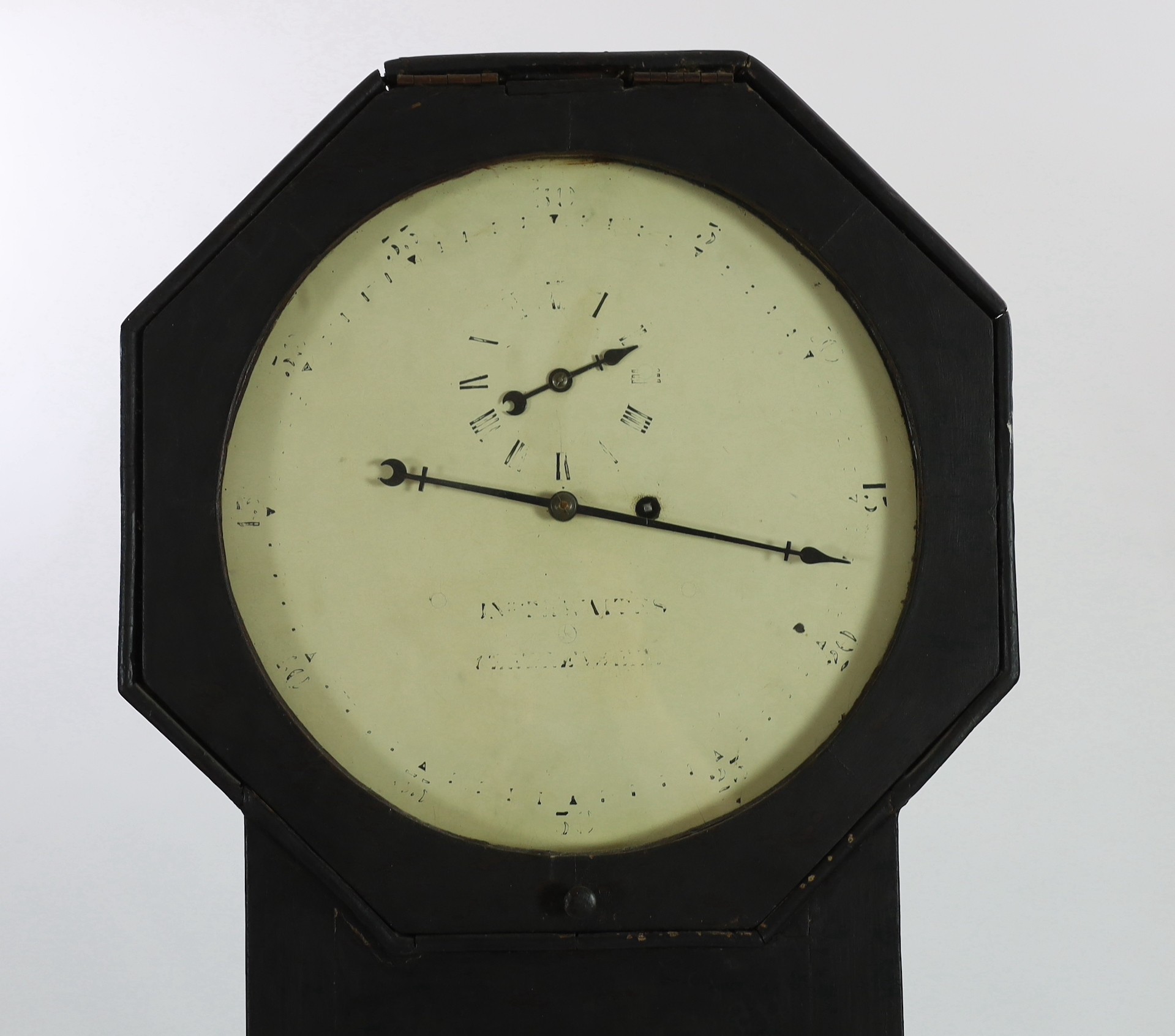 John Thwaites of Clerkenwell. An early 19th century ebonised pine thirty hour longcase clock, W.44cm H.212cm